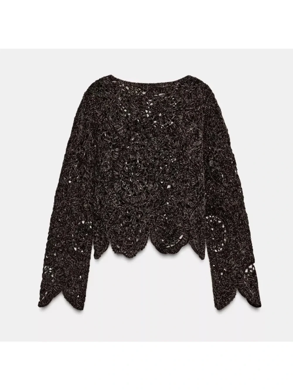 Zara NWT brown knit crochet hollow see through long sleeve top